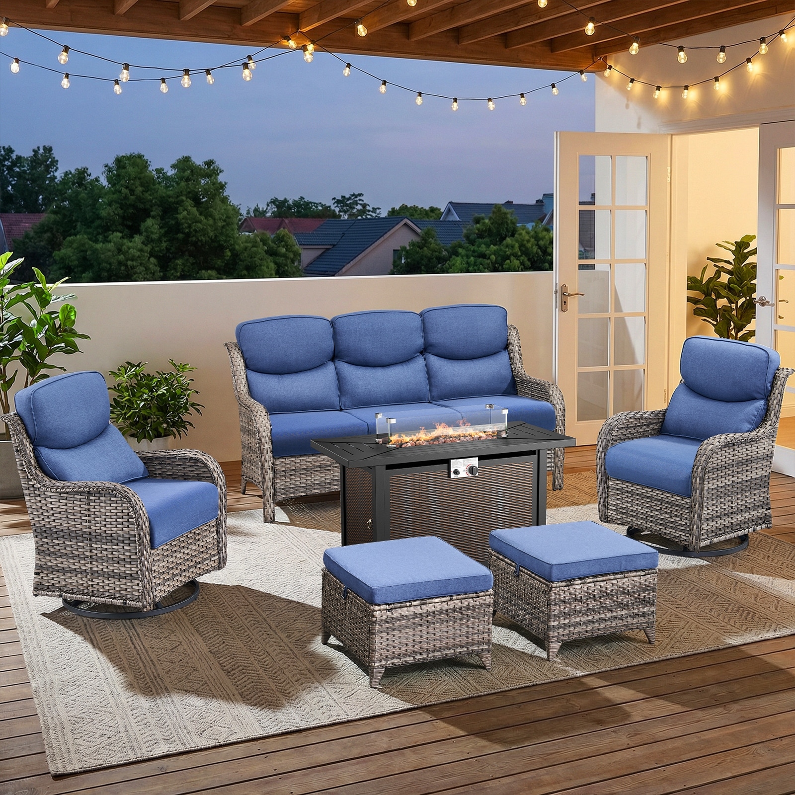 Pocassy Patio Sofa Swivel Chair Set with 43" Fire Pit Table