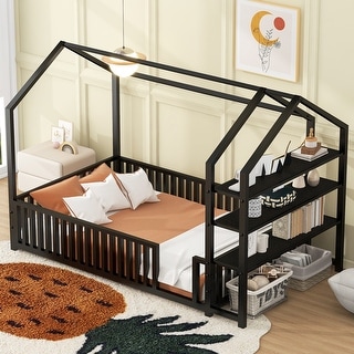 Metal House Bed with Fence and Detachable Storage Shelves