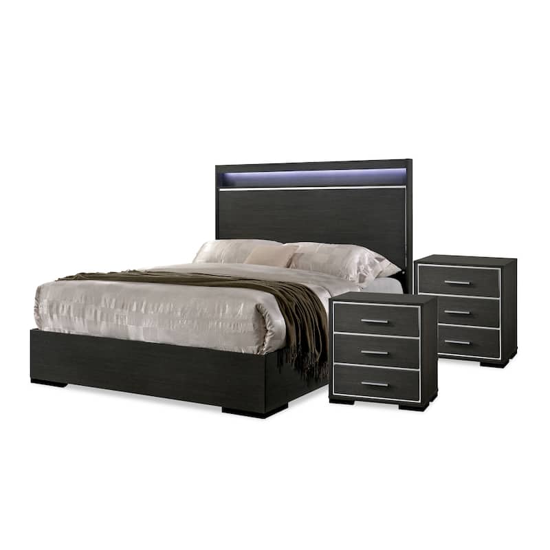 Furniture of America Kastela Modern 3-Piece Grey Wood Panel Bedroom Set with Shelf and LED