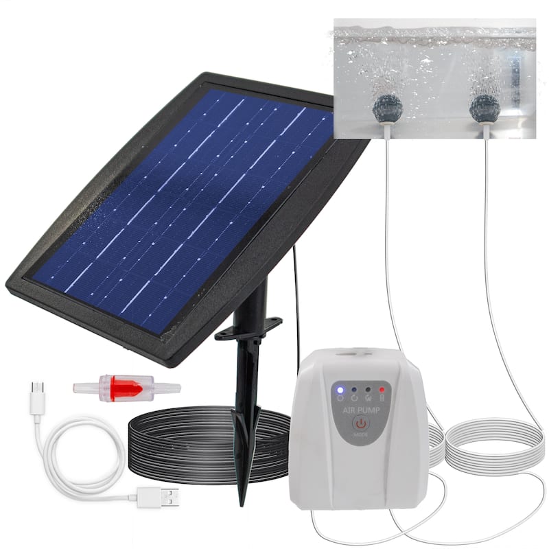 Solar Powered Pond Aerator Air Pump - Aquarium Fish Tank Oxygenator with 2 Air Stone Diffusers, with Battery Backup - regular - regular