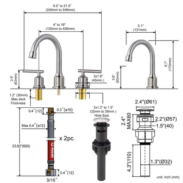 dimension image slide 0 of 5, WOWOW 8 in. Widespread Double-Handle Bathroom Faucet with Drain Kit