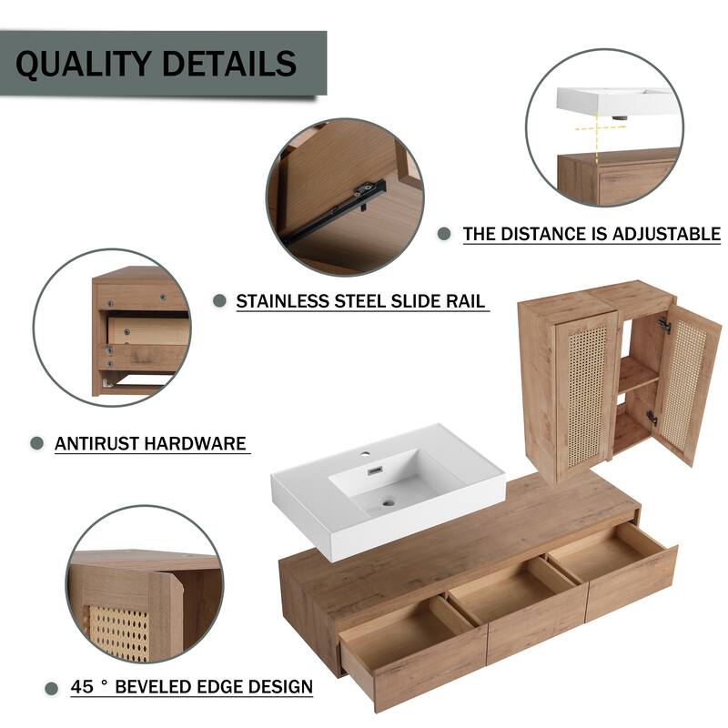 60 inch Wall-Mounted Bathroom Vanity with Resin Sink and 2-Side Cabinet, 3-Soft Close Drawer, Float Mounting Design