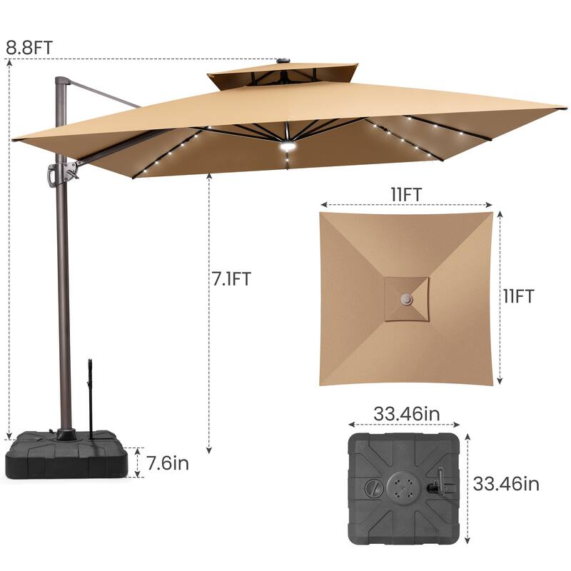 11 FT Outdoor Solar-Powered LED Light Aluminum Patio Cantilever Umbrella with Base