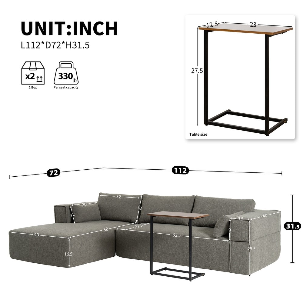 Modular Sectional Sofa with Side Table, Upholstered Cloud Sofa with L-Shaped Chaise Lounge, Full-Compressed Deep Seat Sofa