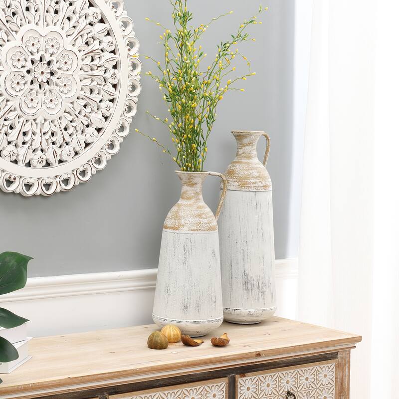 Distressed Off White and Rustic Brown Metal Pitcher Vase (Set of 2)