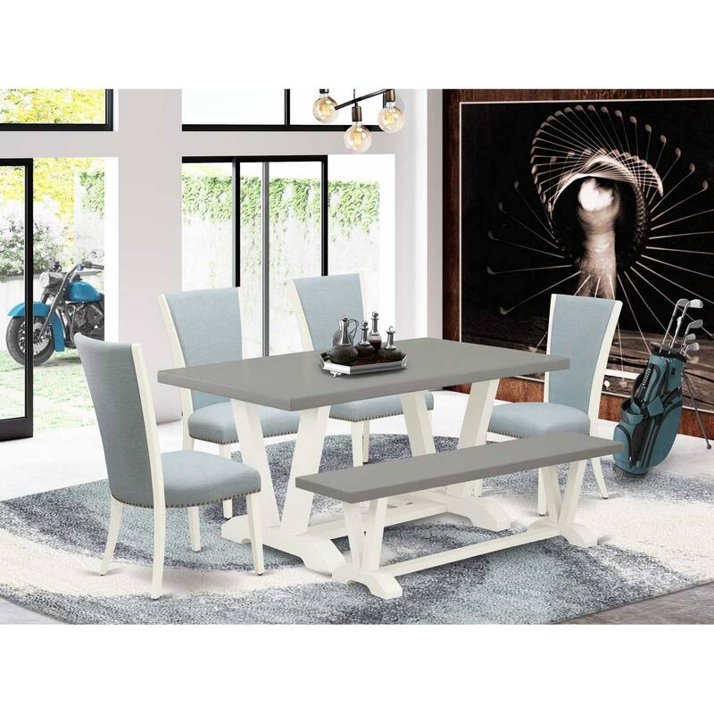 HomeStock 6-Piece Rectangle Natural Oak Finish Solid Wood Top Dining Table with 1-Bench, 4-Chairs