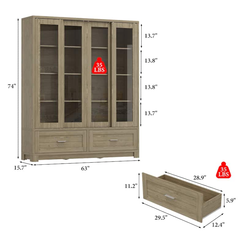 63" Glass Display Cabinet 4 Door China Cabinet Bookshelves Large Curio Cabinet