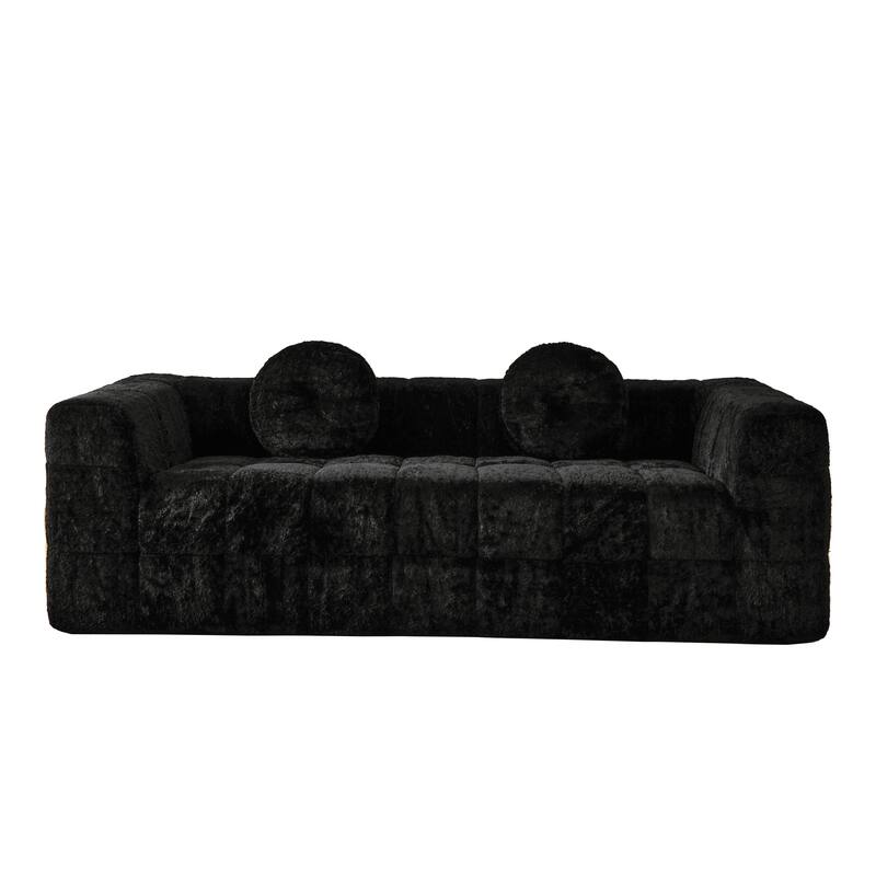 84.6-inch Modern Boneless Couch with Two Circular throw pillows, Skin-friendly lychee-textured long-pile polyester fabric