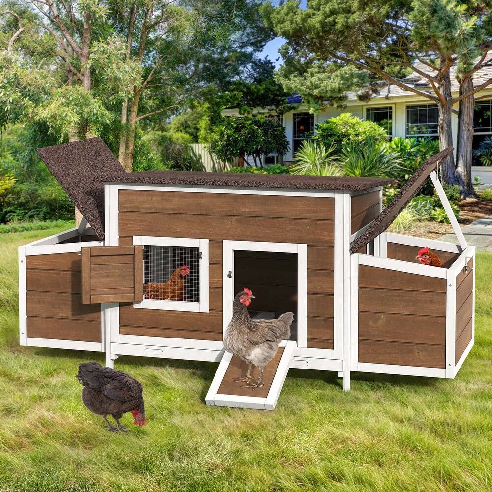 Outdoor Wooden Chicken Coop Hen House with Nesting Box and Run Poultry Cage-66.92"L x 24.8"W x 27.95"H - Brown