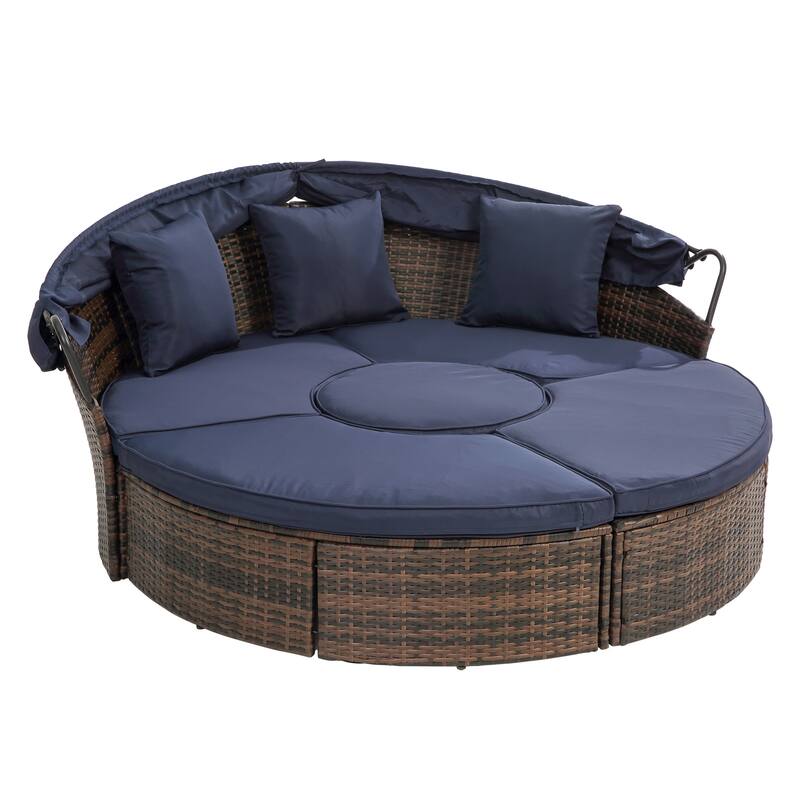 Round Outdoor Rattan Daybed with Adjustable Canopy, with Navy Cushions and Lift Coffee Table