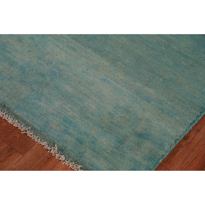 Gabbeh Accent Modern Rug Hand-Knotted Blue Solid Wool Carpet - 3'11" x 4'11"