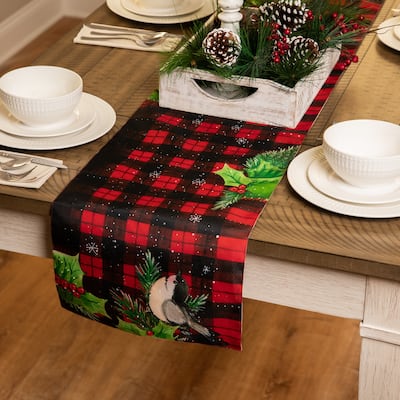Plaid with Holly and Berries Rectangular Christmas Table Runner - 72"