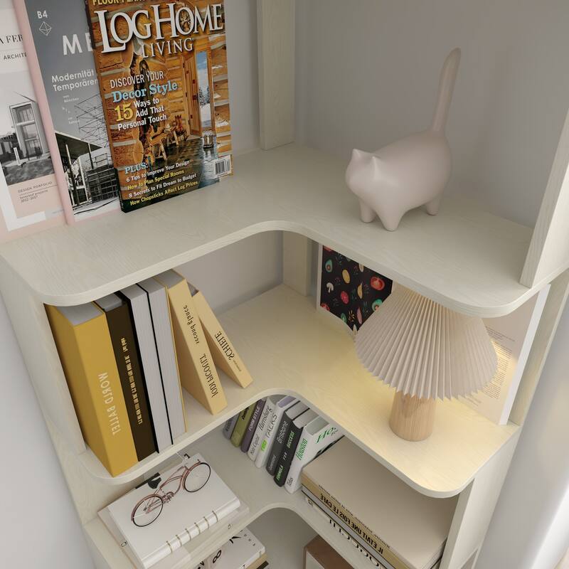 GDFStudio - Elysande Wood Corner Bookcase with 6-Tier Anti-Fall Design