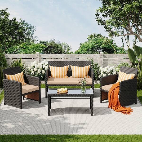 EROMMY 4-Piece Patio Furniture Set with Cushions, Wicker Sofa and Glass Coffee Table, All-Weather PE Rattan Conversation Set.