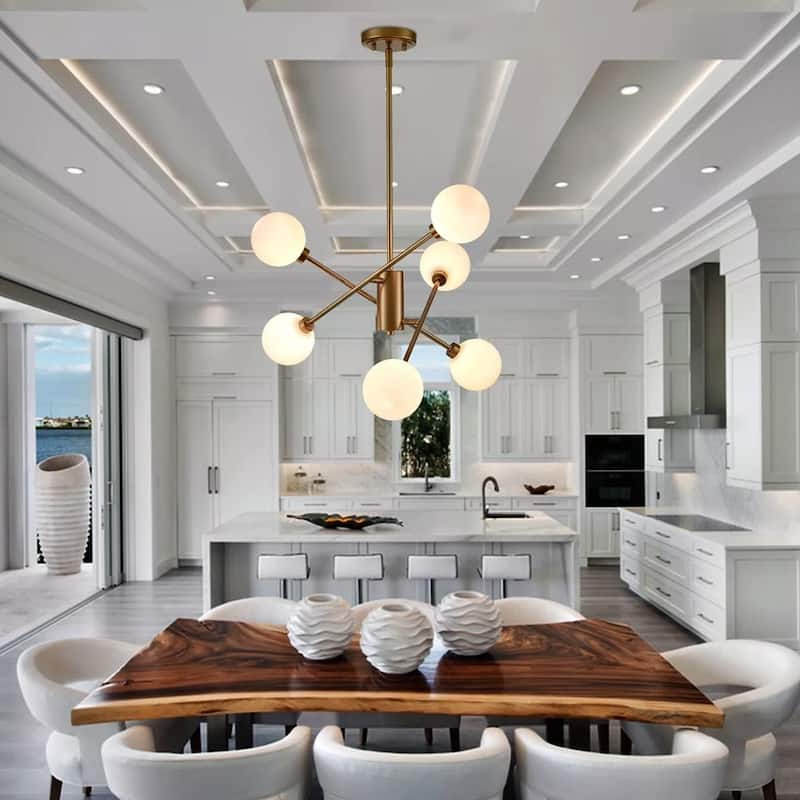 6 Lights Modern Glass Globe Chandelier Brass Branches Lampshade - 22" x 42"