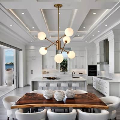 6 Lights Modern Glass Globe Chandelier Brass Branches Lampshade - 22" x 42"