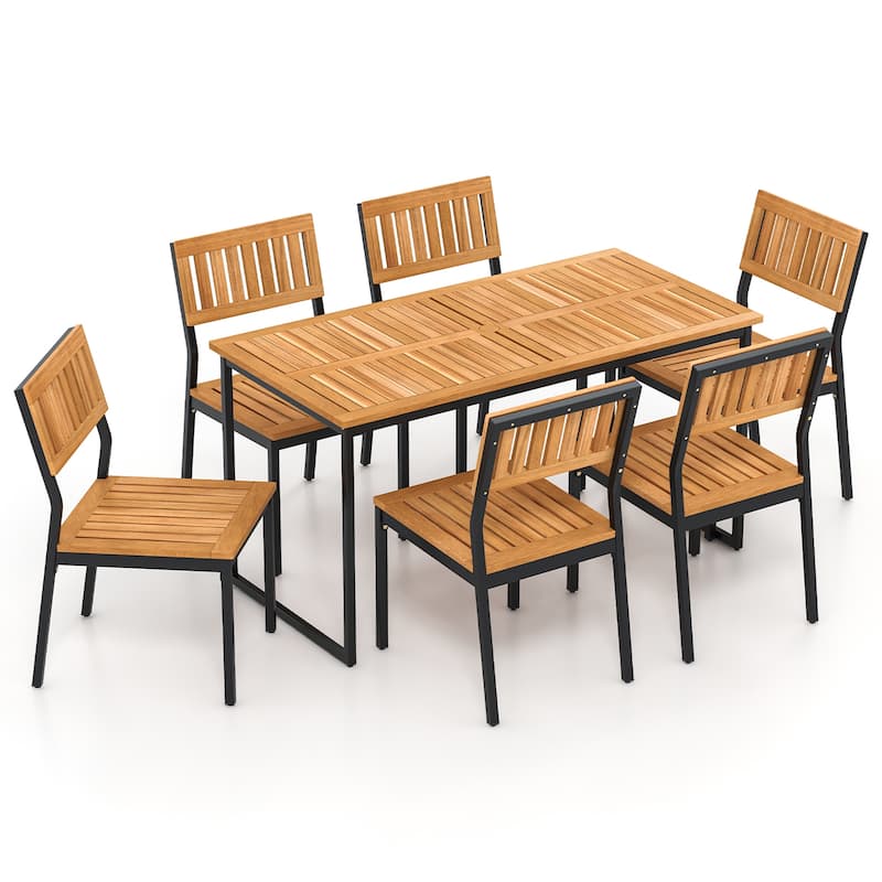 Gymax 7 PCS Outdoor Dining Set for 6 Acacia Wood Rectangular Table & 6