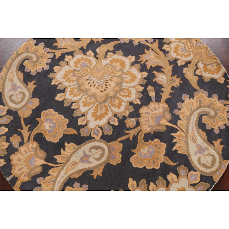 Charcoal Floral Paisley Oriental Area Rug Hand-tufted Wool Carpet - 8'0" x 8'0" Round