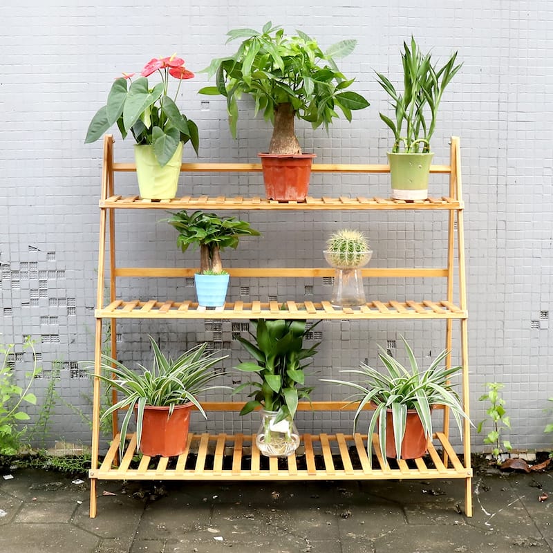 38.8" Foldable Bamboo Plant Stand 3 Tier Ladder Shelves