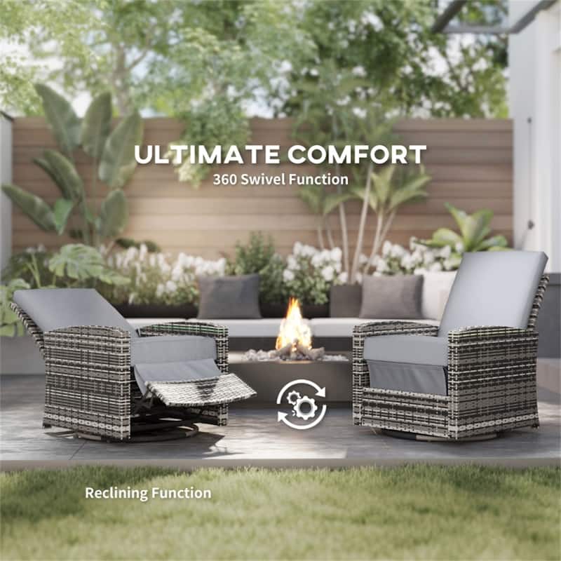 Grey Steel PE Rattan Outdoor Swivel Recliner Rocking Chair with Cushions - 28.75" L x 37.5" W x 37" H