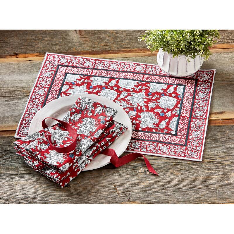 Janis Red Block Print Cotton Placemat, 14.5"L x 19"W
