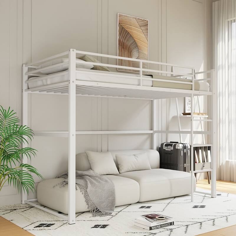 Metal Loft Bed Twin, Loft Bed Frame with Guard Rails and Flat Ladder