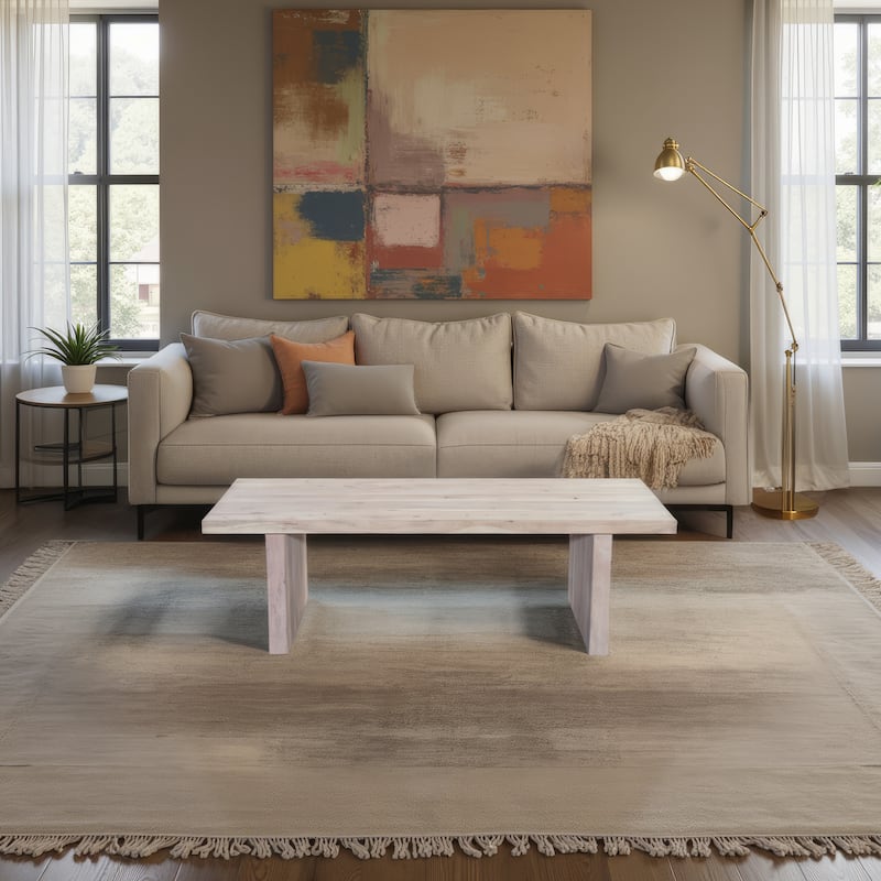 Nira Coffee Table 48 Inch Rectangular Top Handcrafted Washed White Acacia Wood Panel Leg Base