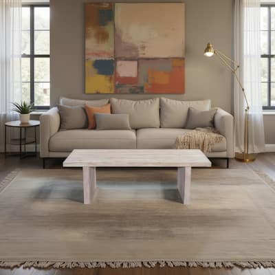 Nira Coffee Table 48 Inch Rectangular Top Handcrafted Washed White Acacia Wood Panel Leg Base