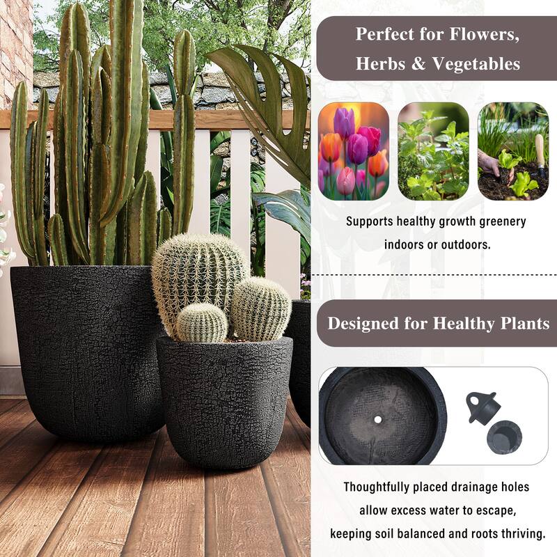 Roomfitters Lightweight MGO Planter Set of 3, Round Weather Resistant Outdoor Indoor Flower Pots for Garden Patio
