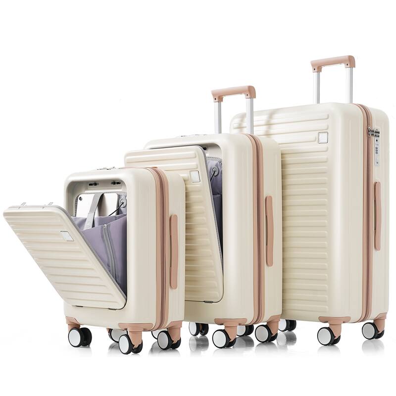 Merax 3 Piece ABS Hardshell Front-Opening Luggage Sets, Carry on Suitcase with USB Port and Cup Holder & Spinner Wheels