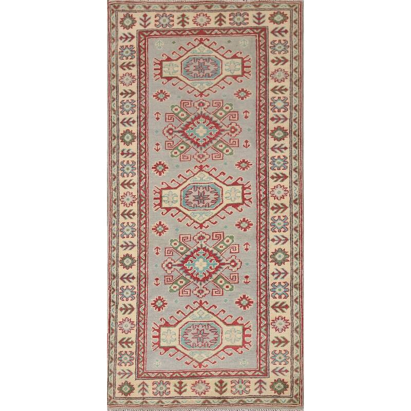 Hand Knotted Oriental 100% Wool Carpet Traditional Geometric Greys & Charcoal Kazak Area Rug - 6' 0'' X 2' 9''