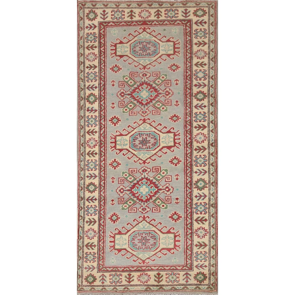 Hand Knotted Oriental 100% Wool Carpet Traditional Geometric Greys & Charcoal Kazak Area Rug - 6' 0'' X 2' 9''