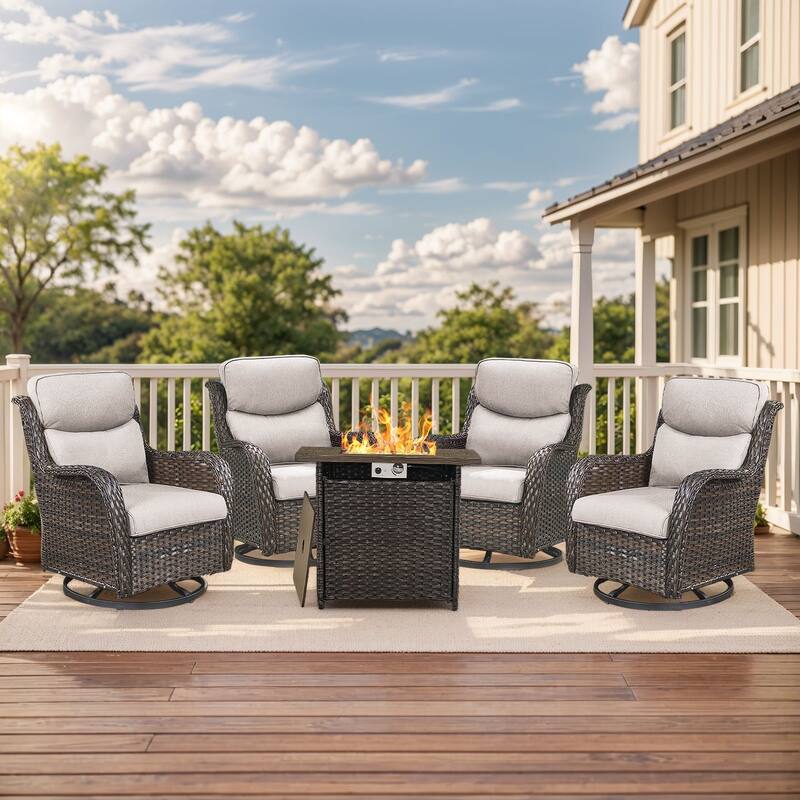 Outdoor Gliders Chairs with Fire Pit Table with 5-Inch Thick Cushions - Brown Rattan - Beige Cushion - 5PCS Swivel Chairs with Square Fire Table
