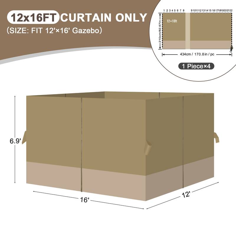 Aoodor 12x16 ft Outdoor Gazebo Curtains, 4 Panels Waterproof Privacy Sidewall Replacement with Zipper