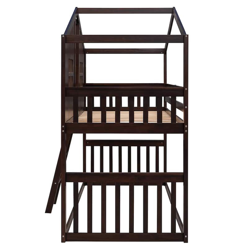 Twin Over Twin House Bunk Bed With Ladder, Wood Bed