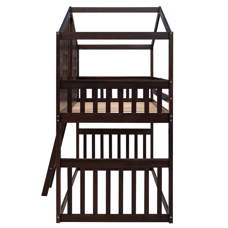 Twin Over Twin Solid Wood House Bunk Bed With Ladder and Safety Barriers Supported By Wooden