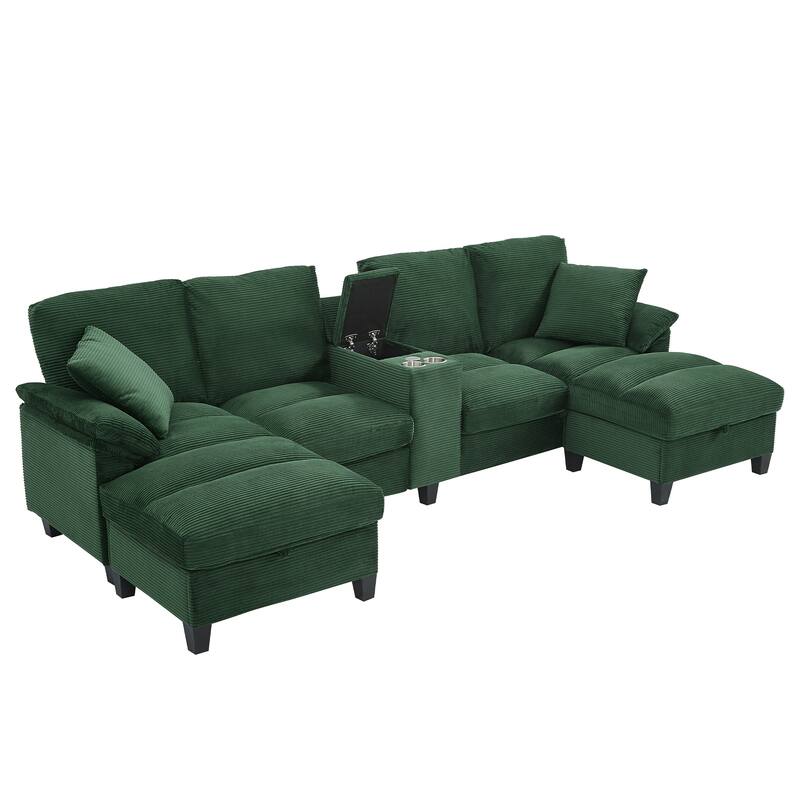 Roomfitters U-Shaped Sectional Sofa 116.9" Corduroy Upholstered Couch with Storage Ottomans, Cup Holders and USB Ports
