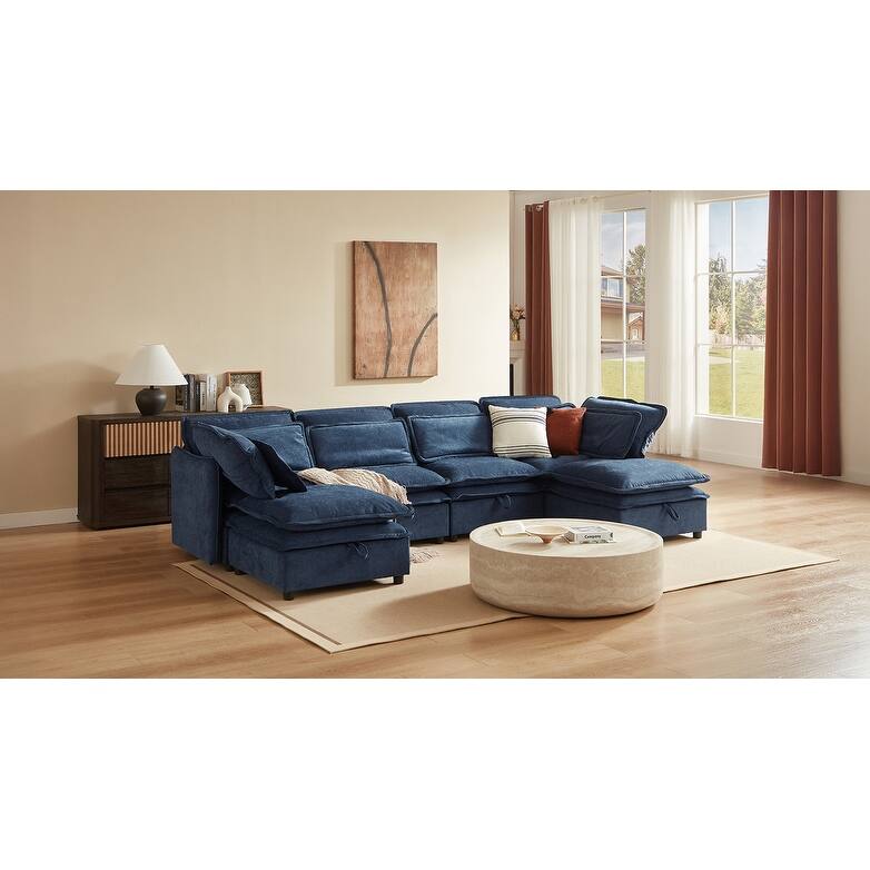Modern Large U-Shaped Modular Sofa with Movable Storage Ottoman,. Upholstered Deep Seat Sofa with Double-Layer Cushion