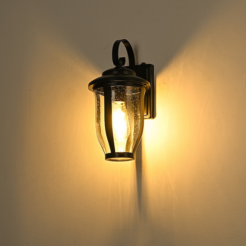 14 in. 1-Light Matte Black Dusk to Dawn Outdoor Wall Sconce with Clear Seeded Glass - E26, Wet Rated, Farmhouse Style