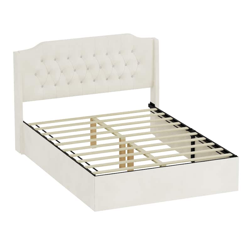 Queen Size Tufted Upholstered Bed Frame with Crystal Button Accents, Wingback Headboard and Under-Bed Storage Space,Beige