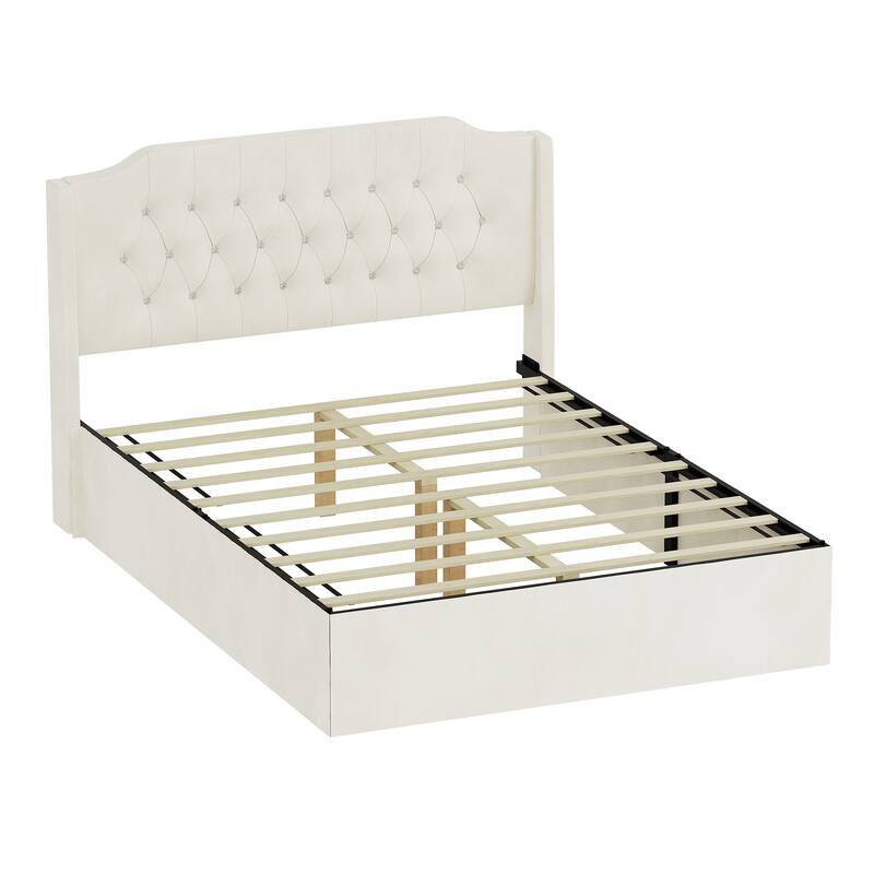 Tufted Upholstered Bed Frame with Crystal Button Accents, Bed Frame with Wingback Headboard and Under-Bed Storage Space