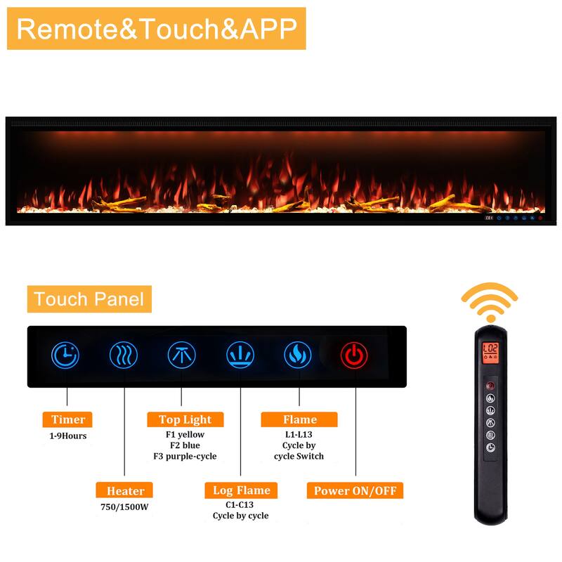 Clihome 42-88" Recessed Wall-Mounted Smart Control Electric Fireplace