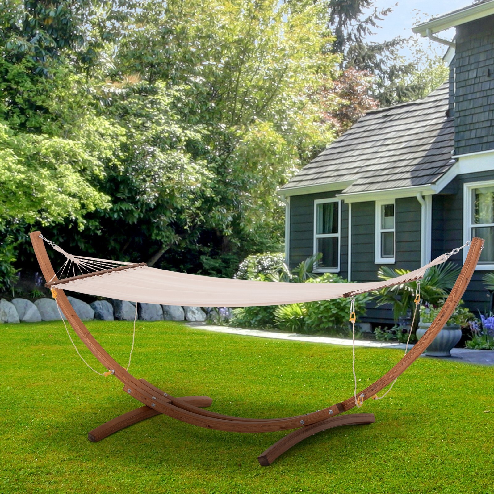 Outsunny 10 Hammock with Wood Stand Rainbow Bed Heavy Duty Roman Arc Hammock for Single Person for Patio Backyard Balcony