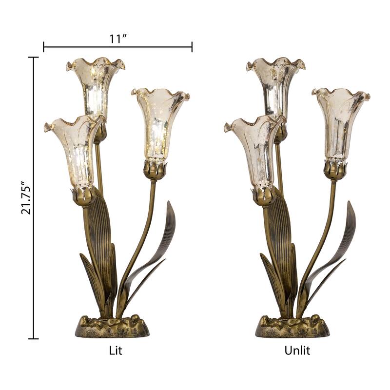 21.75-inch Antique Brass and Mercury Glass 3 Lily Uplight Accent Lamp - 11" x 10.5" x 21.75"