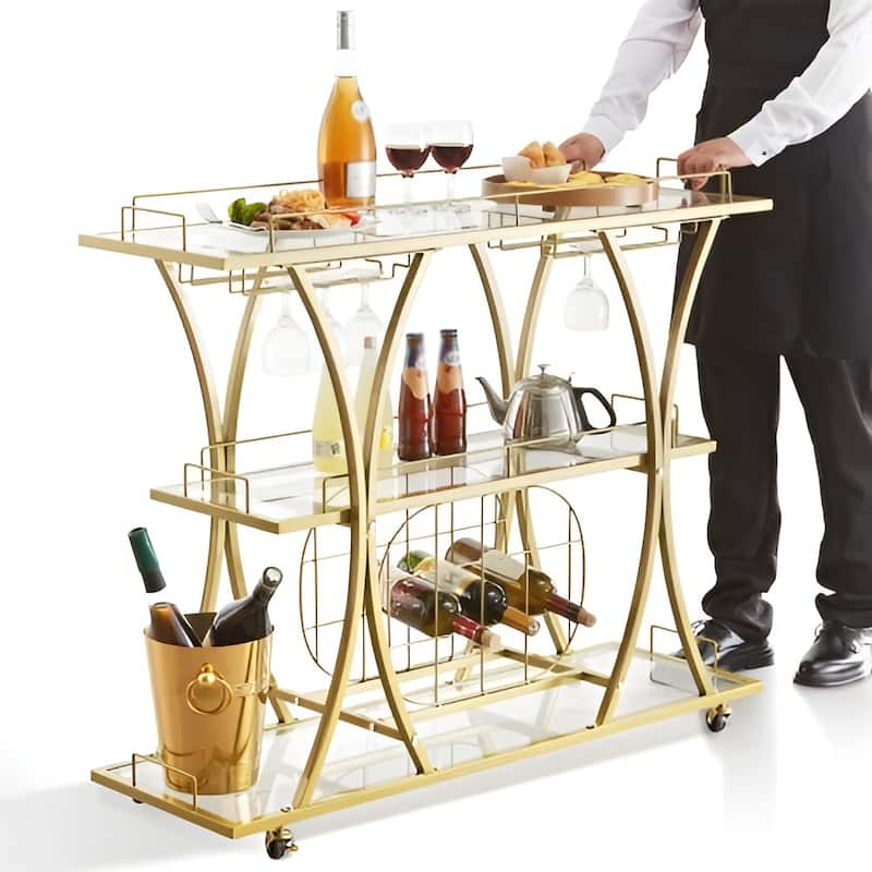 3 Tiers Gold Metal Bar Serving Cart with Wine Rack Glass Holder 180 LBS - Multi