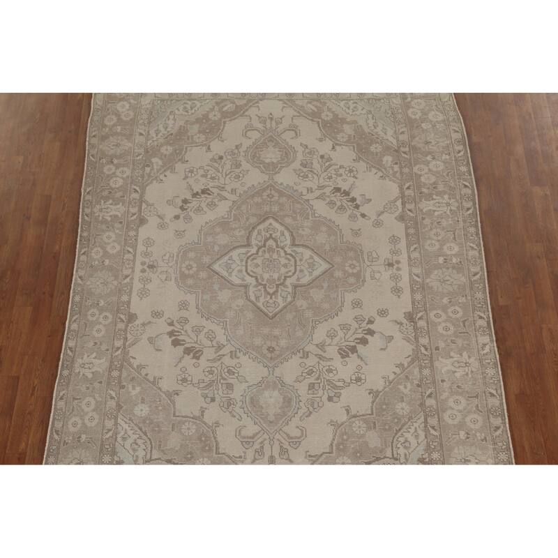 Distressed Beige Tabriz Persian Vintage Rug Hand-Knotted Wool Carpet - 6'4"x 9'3"