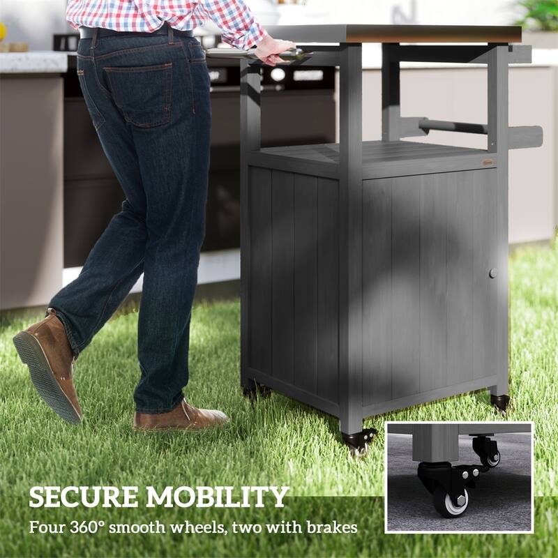 Dark Gray Solid Wood Grill Cart with Stainless Steel Top Cabinet Spice Rack Towel Holder and Swivel Casters 27 Inch