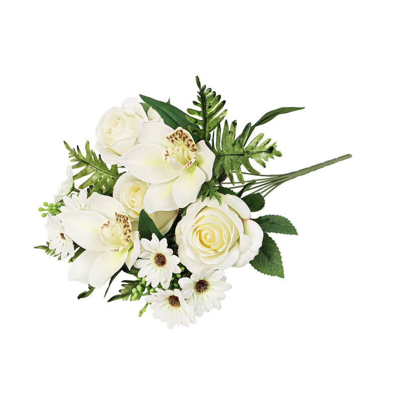Set of 2 Cream White Artificial Mixed Rose Cymbidium Orchid Daisy Flower Stem Bush Bouquet 16in - 16" L x 9" W x 9" DP