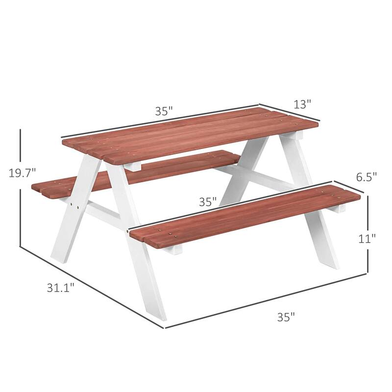 Kids Outdoor Picnic Table and Bench Set Fir Wood Pecan White Toddler Activity Furniture Ages 3-8 - 35" L x 31" W x 19.75" H