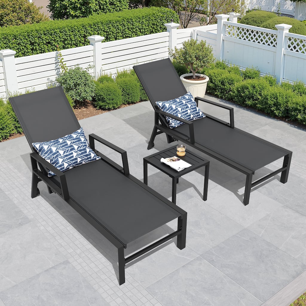 Outdoor Aluminum Patio Lounge Chair Set Side Table and Chaise Lounges with Wheels